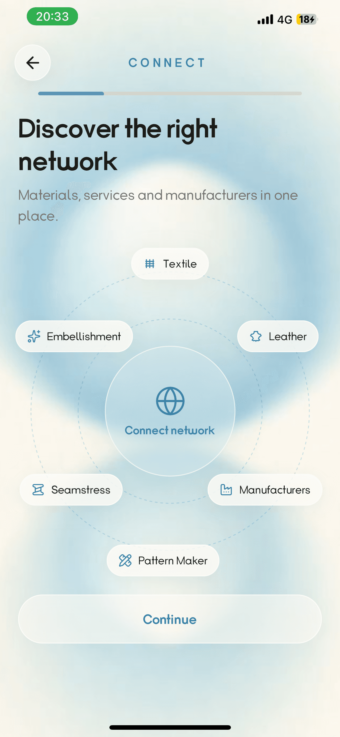 Current Connect app screen for discovering fashion materials, services and manufacturers